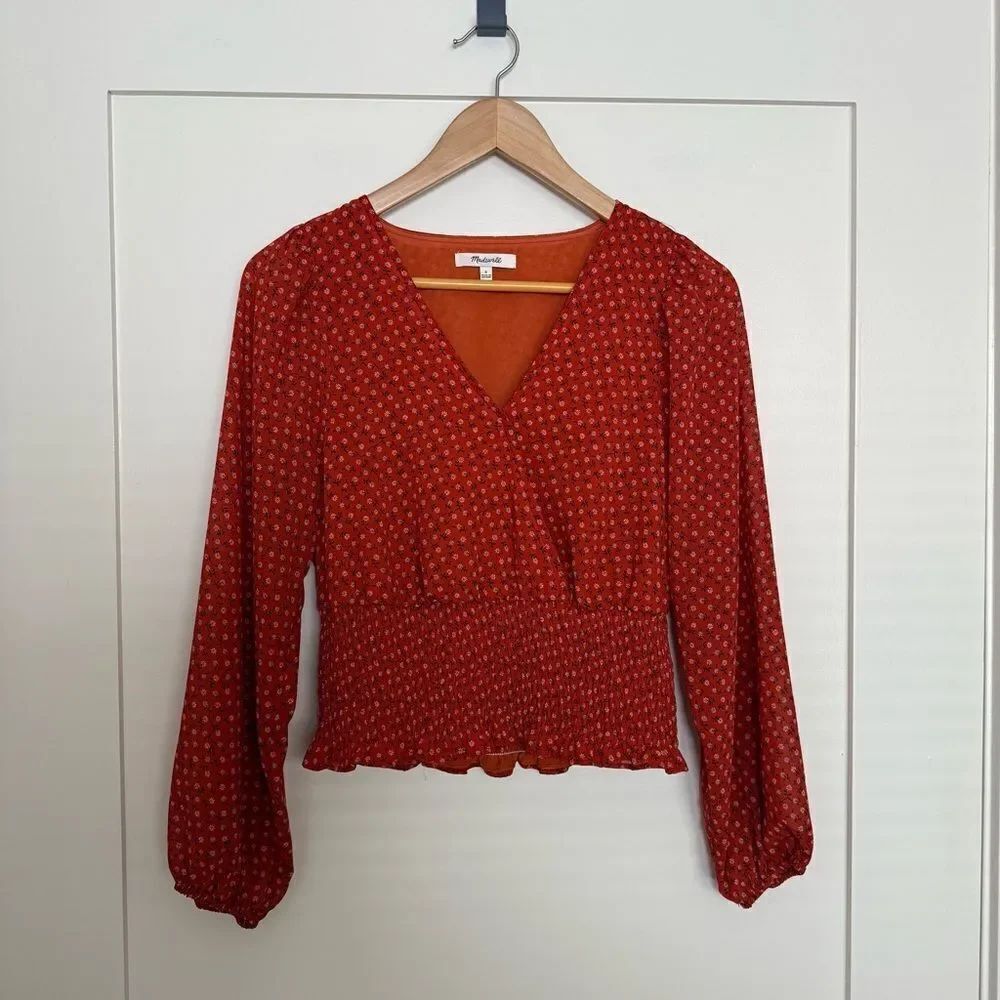 Madewell Julianne Top Sz S Floral Smocked Waist Faux Wrap Bubble Sleeve Boho